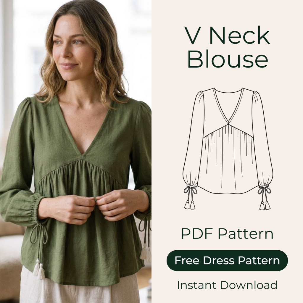 V Neck Blouse Sewing Pattern, Empire Waist Long Sleeve Top
