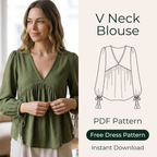 V Neck Blouse Sewing Pattern, Empire Waist Long Sleeve Top