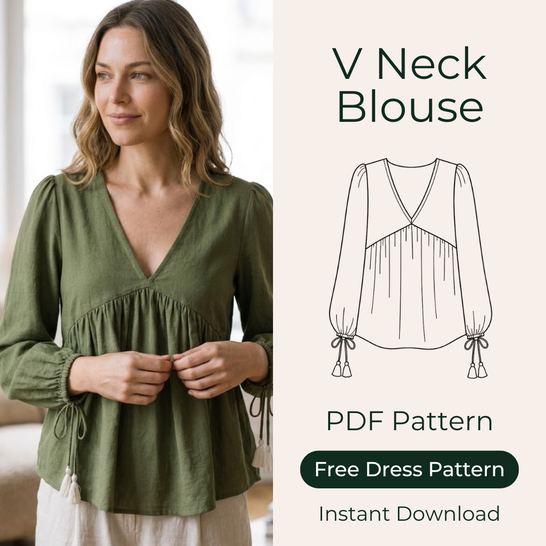 V Neck Blouse Sewing Pattern, Empire Waist Long Sleeve Top