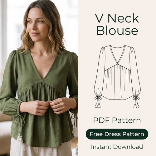 V Neck Blouse Sewing Pattern, Empire Waist Long Sleeve Top