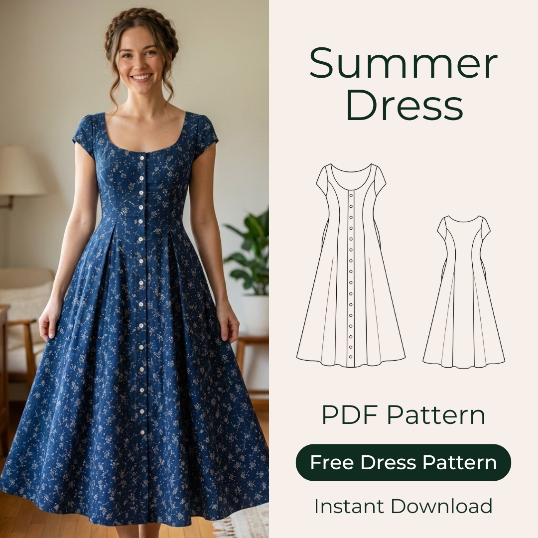 Cottagecore Dress Sewing Pattern, Vintage Button Front Midi Dress
