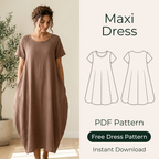 Boho Maxi Dress Sewing Pattern, Oversized Beginner Kaftan Dress