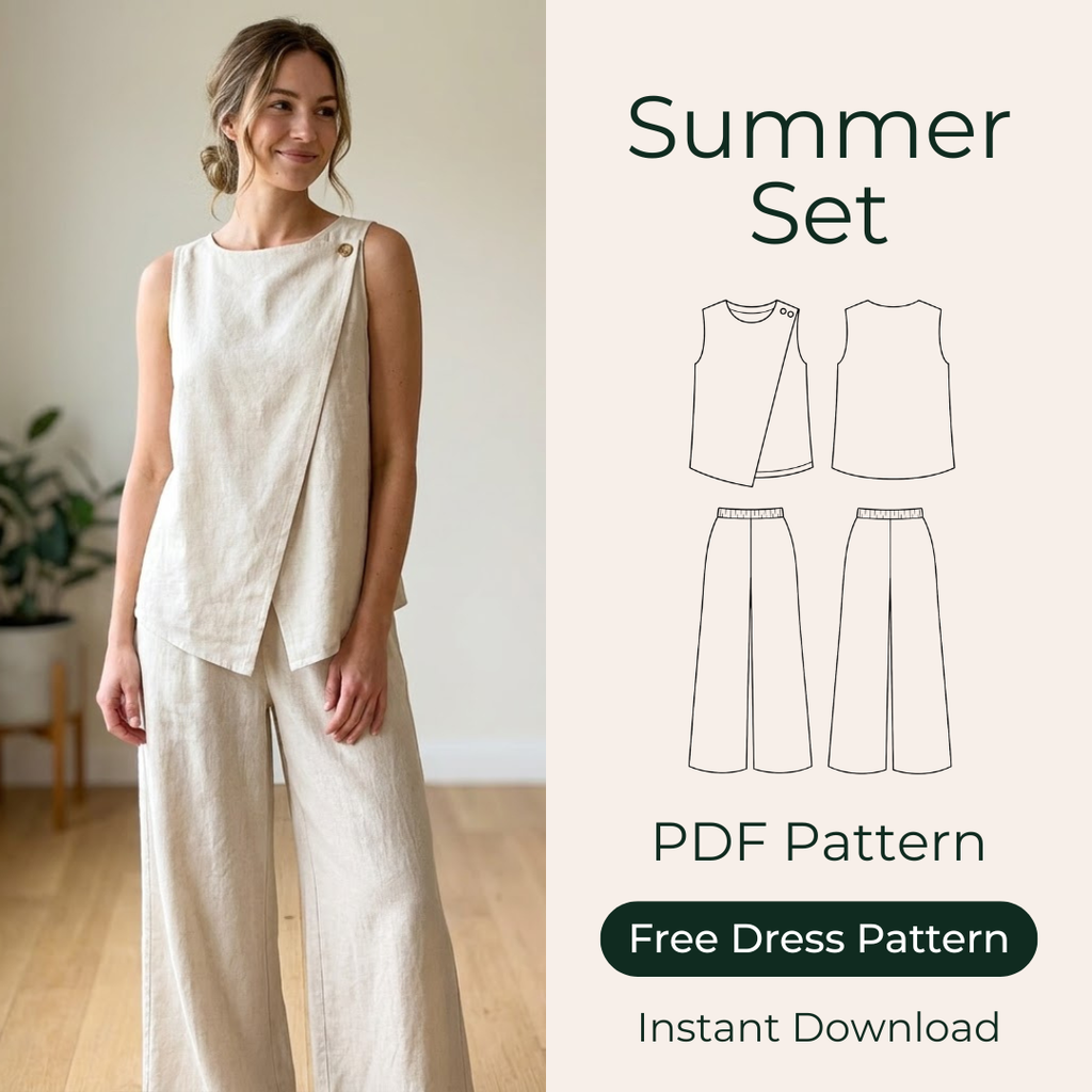 Linen Two Piece Sewing Pattern, Wrap Top And Wide Leg Pants
