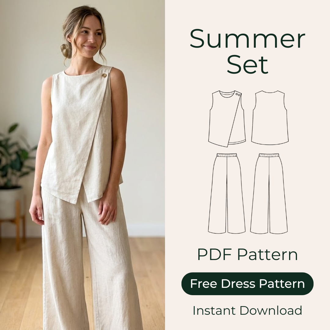 Linen Two Piece Sewing Pattern, Wrap Top And Wide Leg Pants