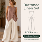 Linen Two Piece Sewing Pattern, Buttoned Wrap Top Wide Leg Pants (PDF Download)
