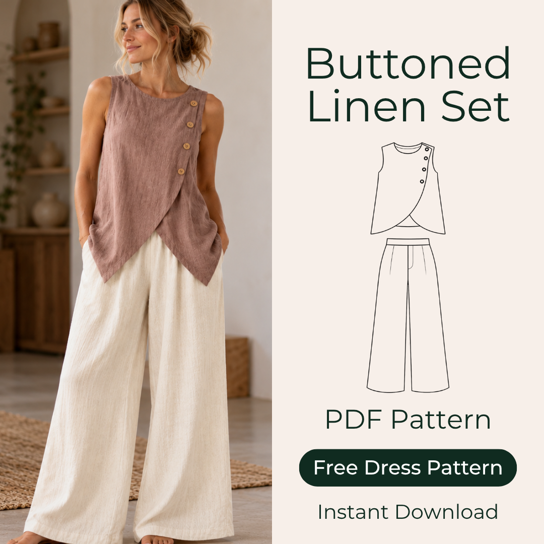 Linen Two Piece Sewing Pattern, Buttoned Wrap Top Wide Leg Pants (PDF Download)