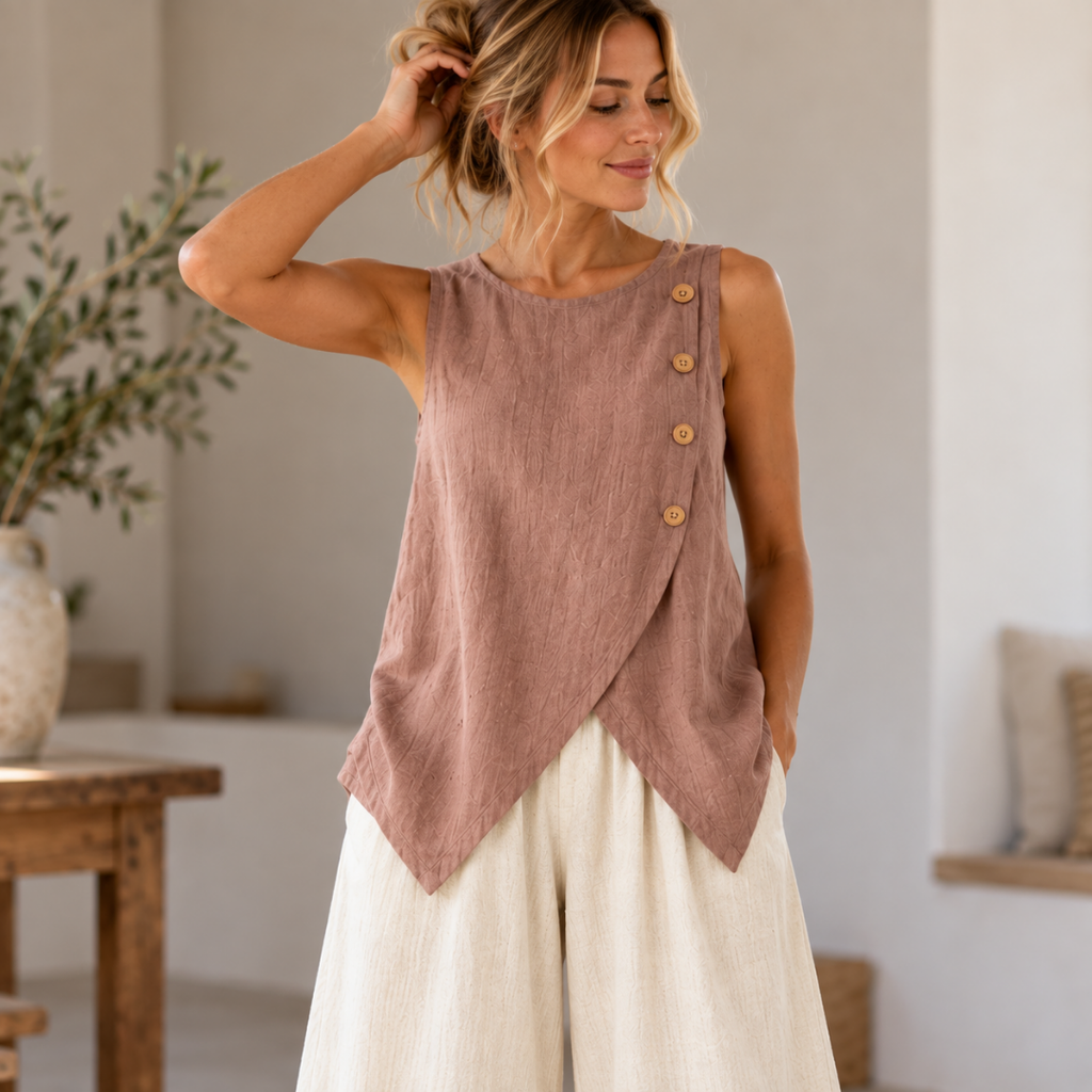 Linen Two Piece Sewing Pattern, Buttoned Wrap Top Wide Leg Pants (PDF Download)