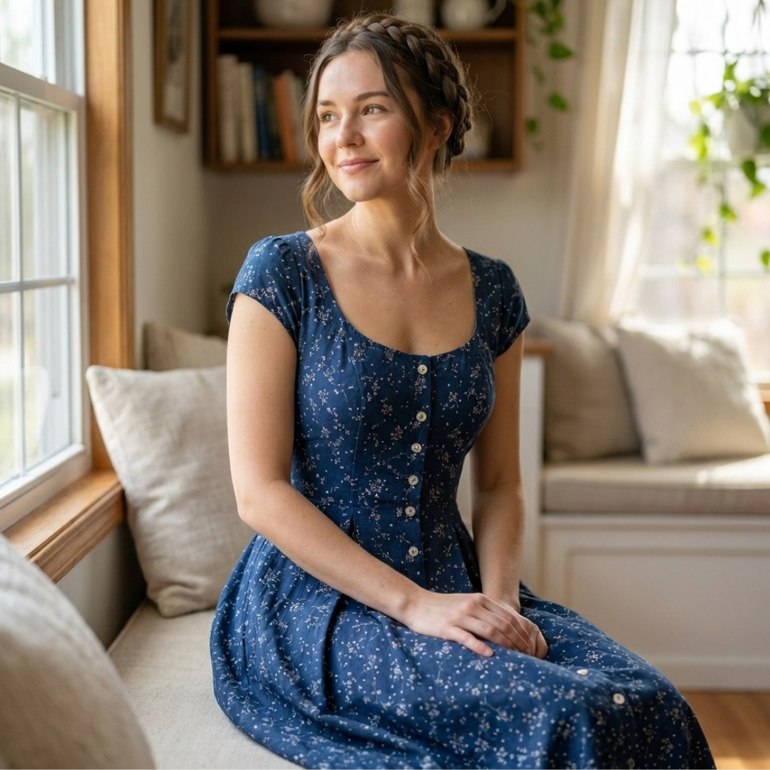 Cottagecore Dress Sewing Pattern, Vintage Button Front Midi Dress