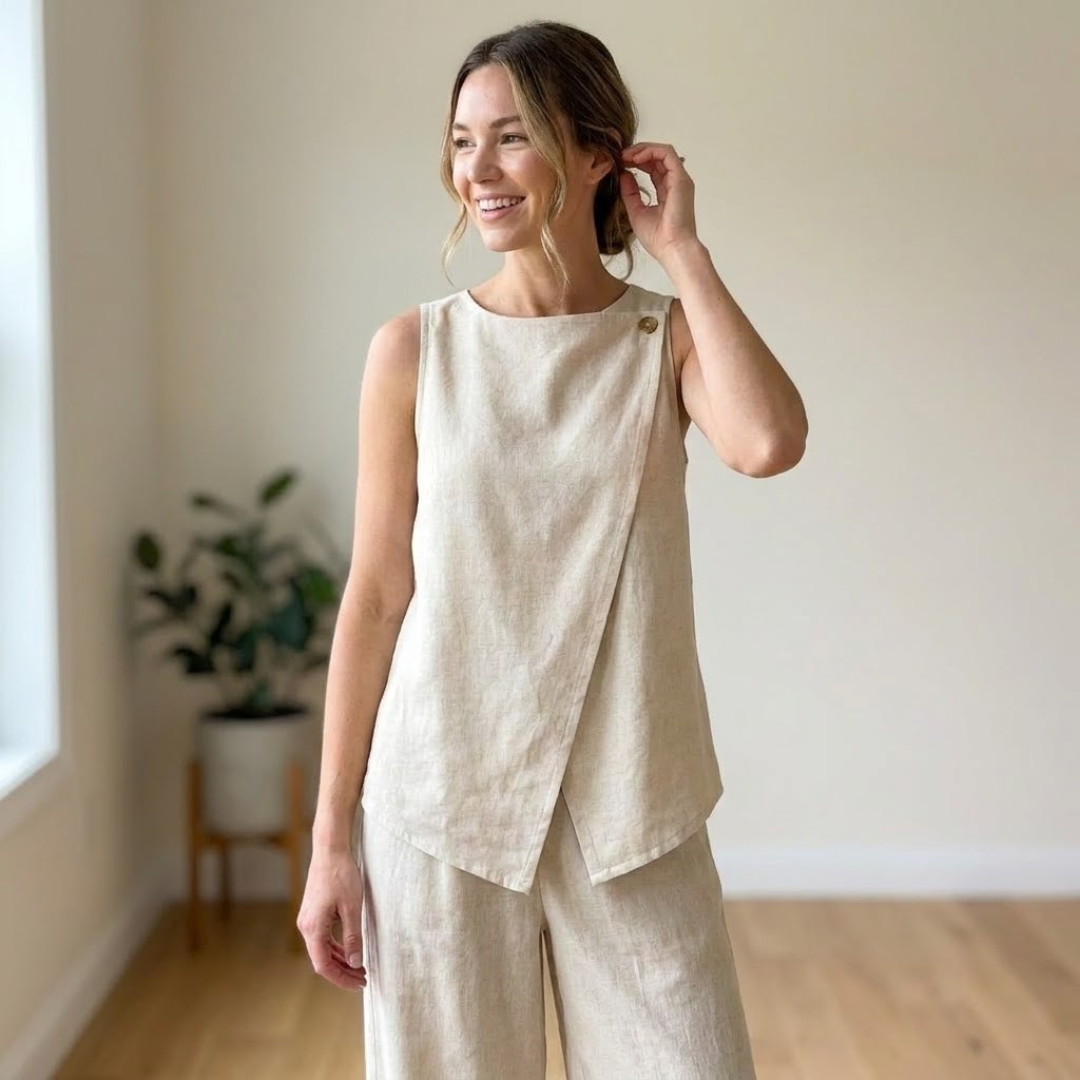 Linen Two Piece Sewing Pattern, Wrap Top And Wide Leg Pants