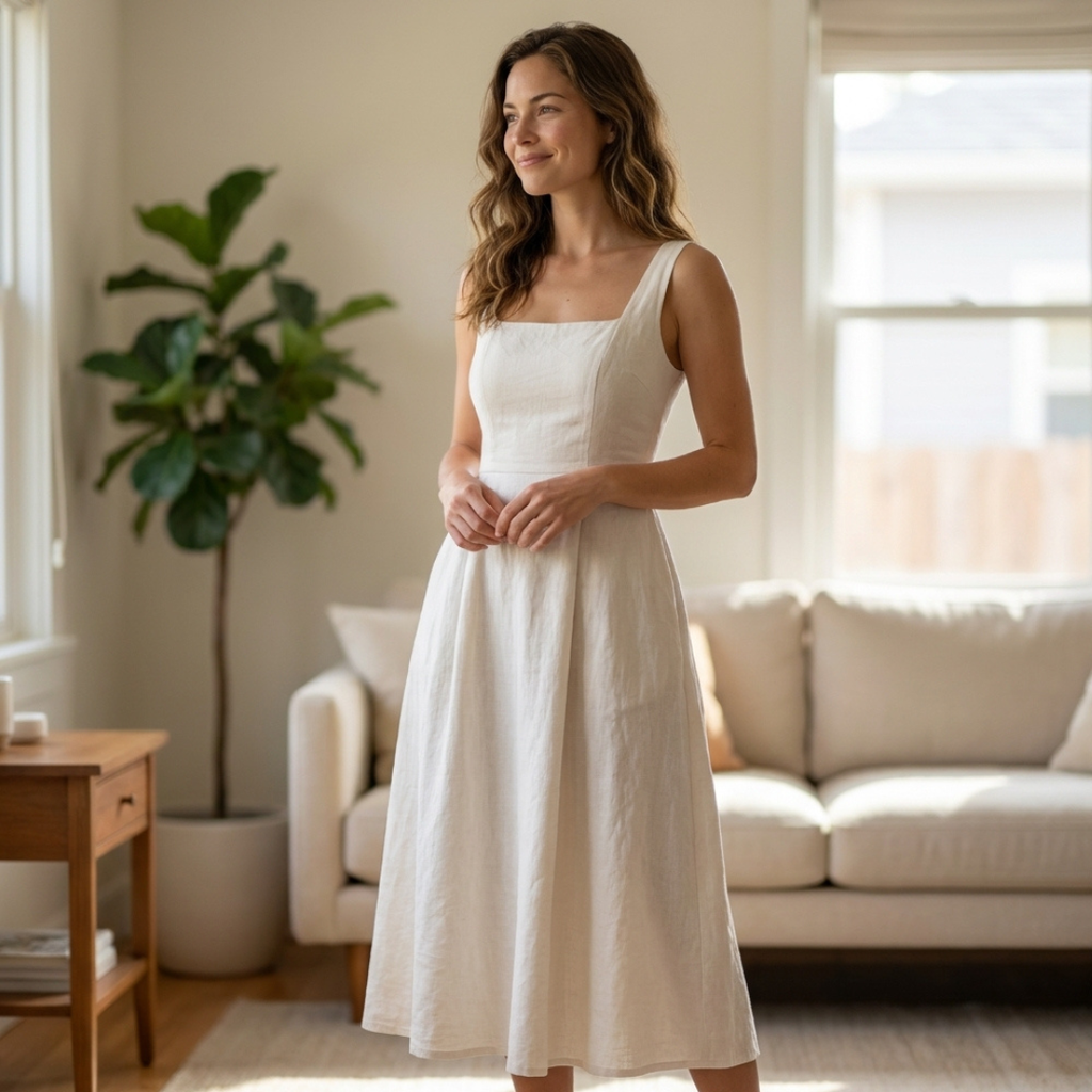 Midi Linen Dress Sewing Pattern, Elegant Dress Sizes XS-3XL