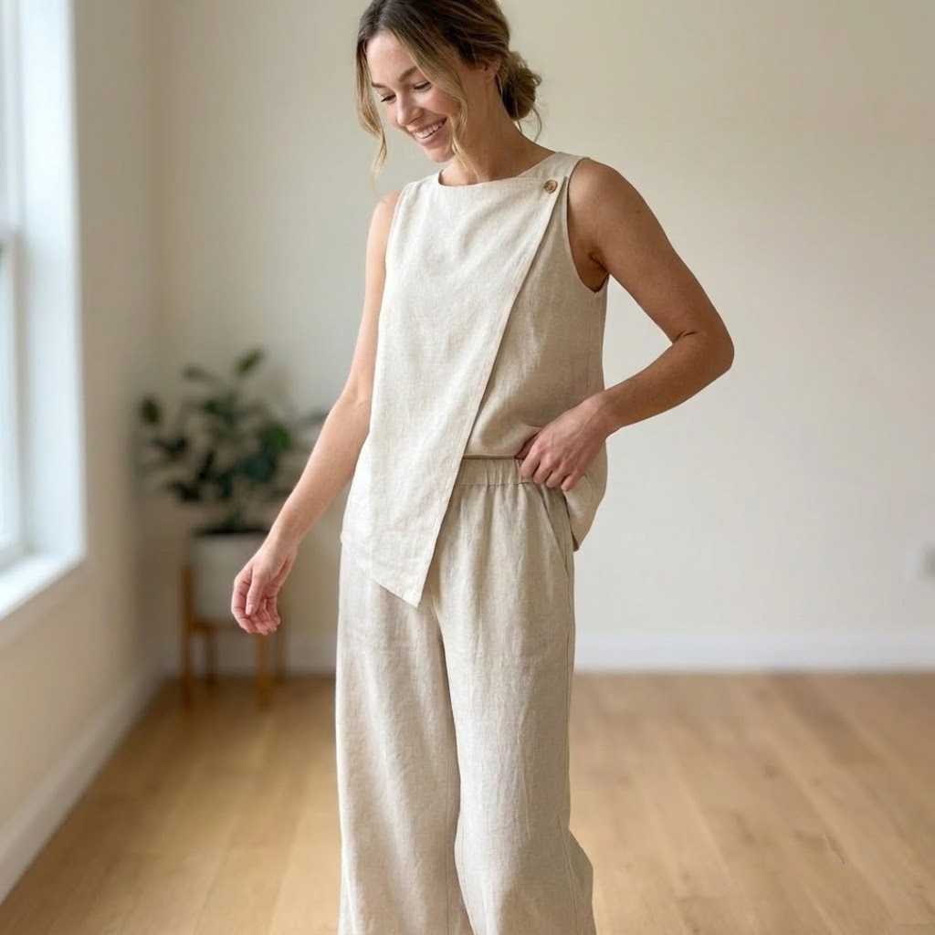 Linen Two Piece Sewing Pattern, Wrap Top And Wide Leg Pants
