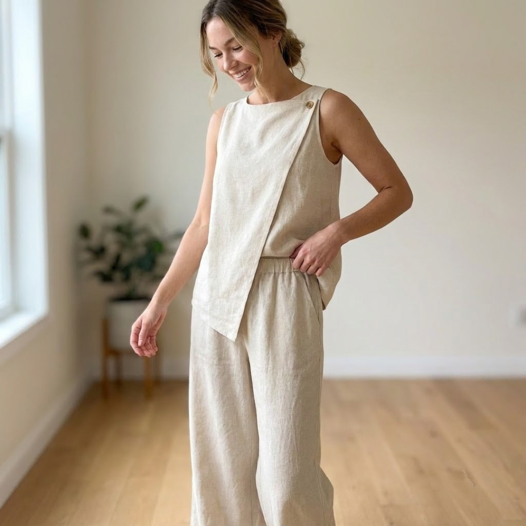 Linen Two Piece Sewing Pattern, Wrap Top And Wide Leg Pants