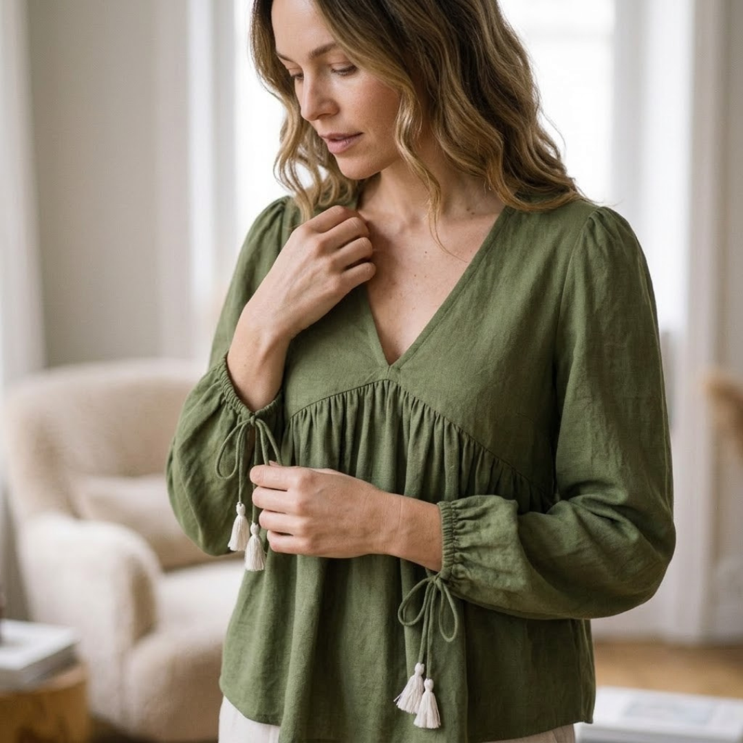 V Neck Blouse Sewing Pattern, Empire Waist Long Sleeve Top