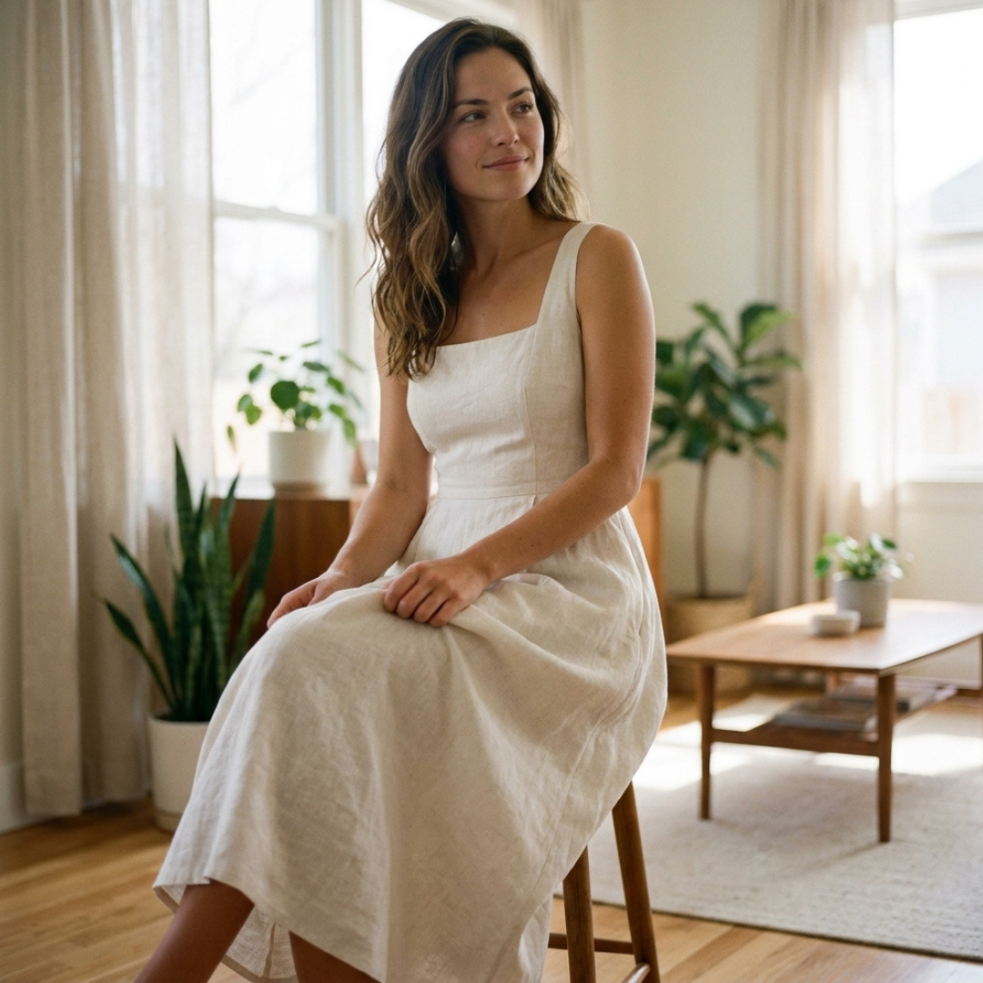 Midi Linen Dress Sewing Pattern, Elegant Dress Sizes XS-3XL