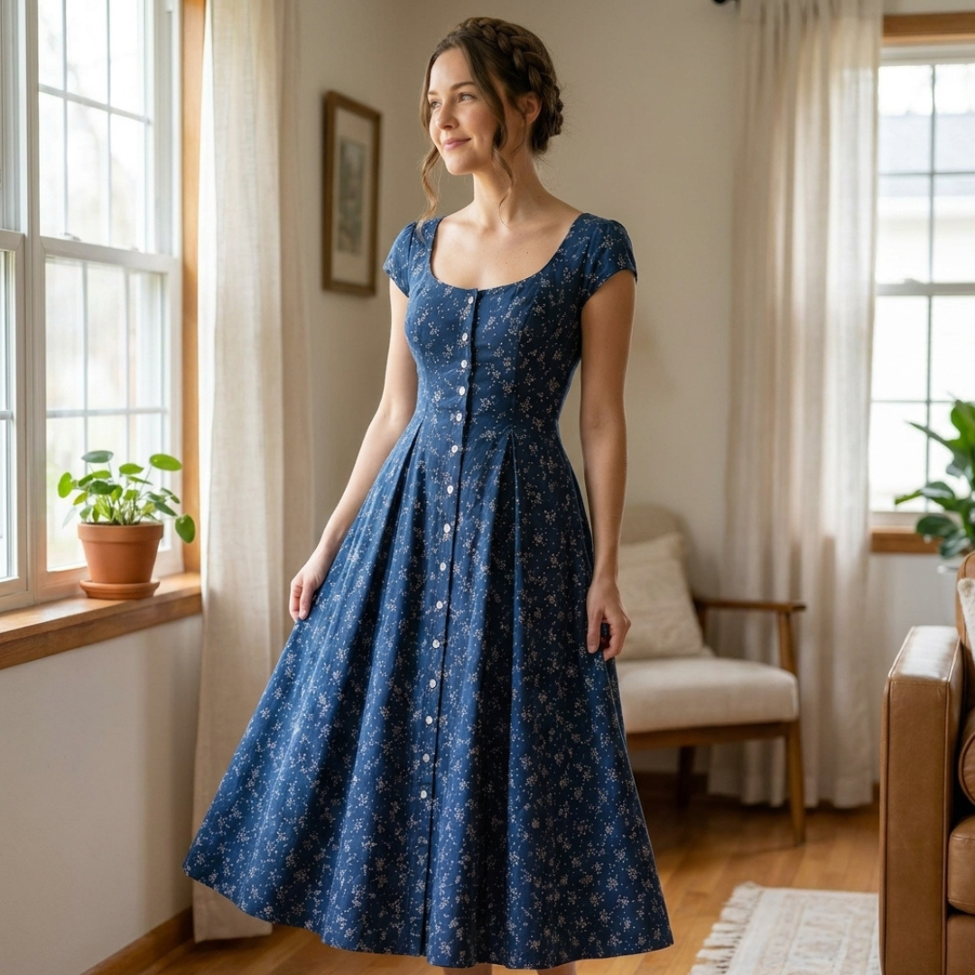 Cottagecore Dress Sewing Pattern, Vintage Button Front Midi Dress