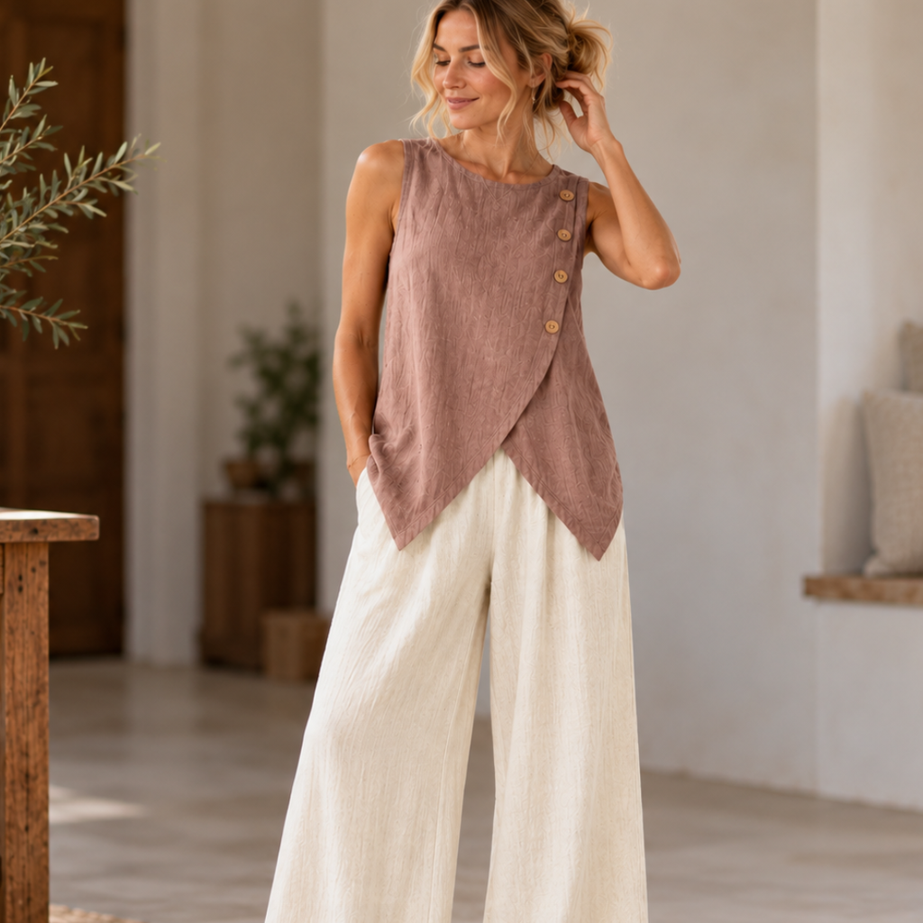 Linen Two Piece Sewing Pattern, Buttoned Wrap Top Wide Leg Pants (PDF Download)