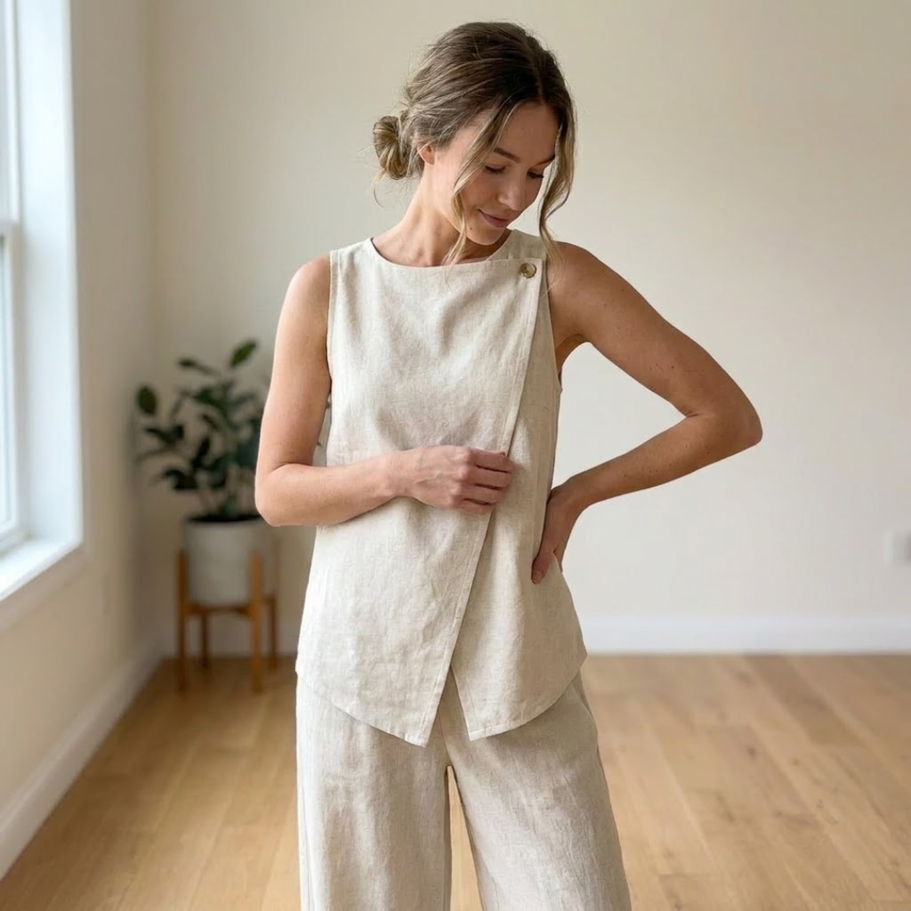 Linen Two Piece Sewing Pattern, Wrap Top And Wide Leg Pants